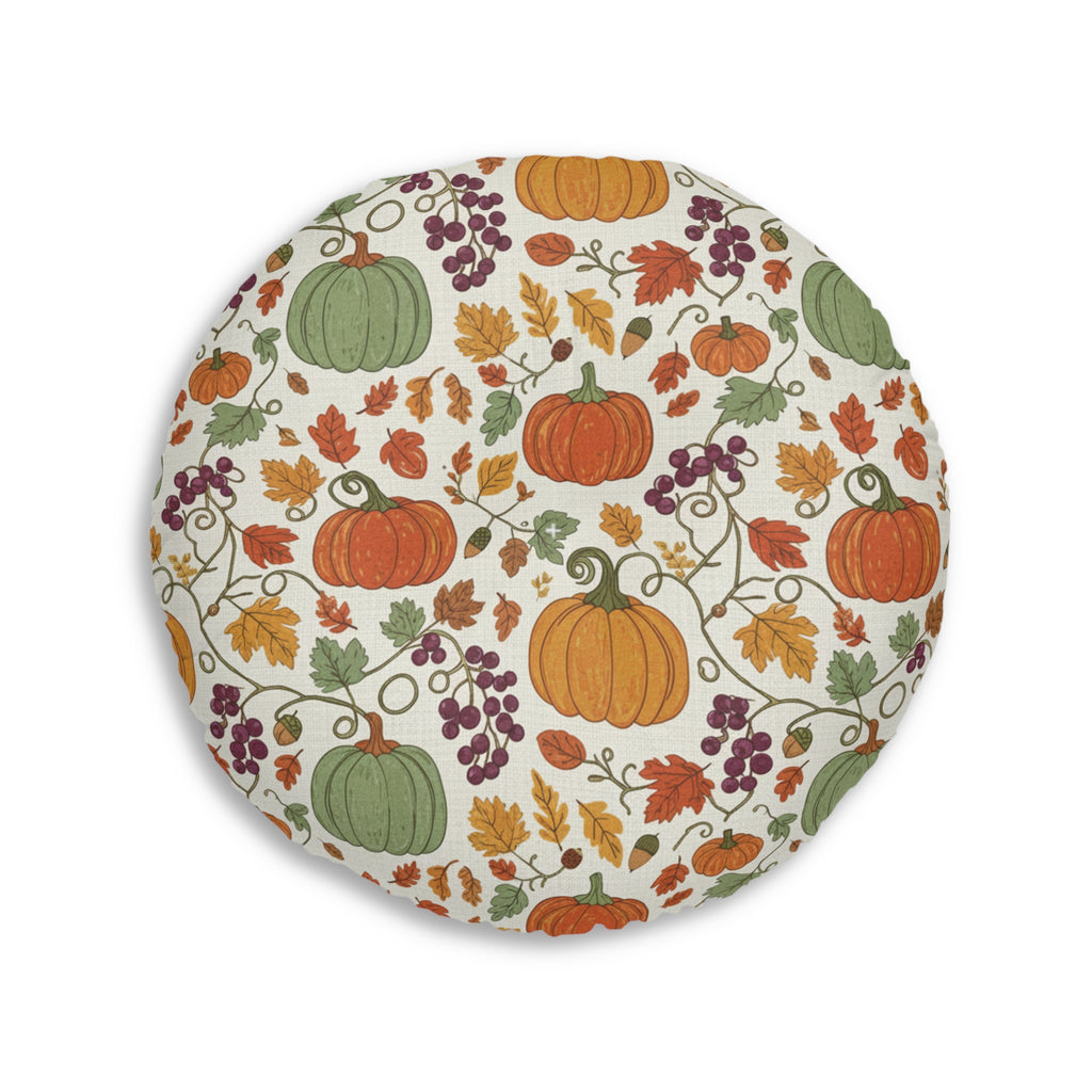 Fall Round Tufted Floor Pillow — Autumn Pumpkin Pattern, Fall Harvest Decorative Cushion