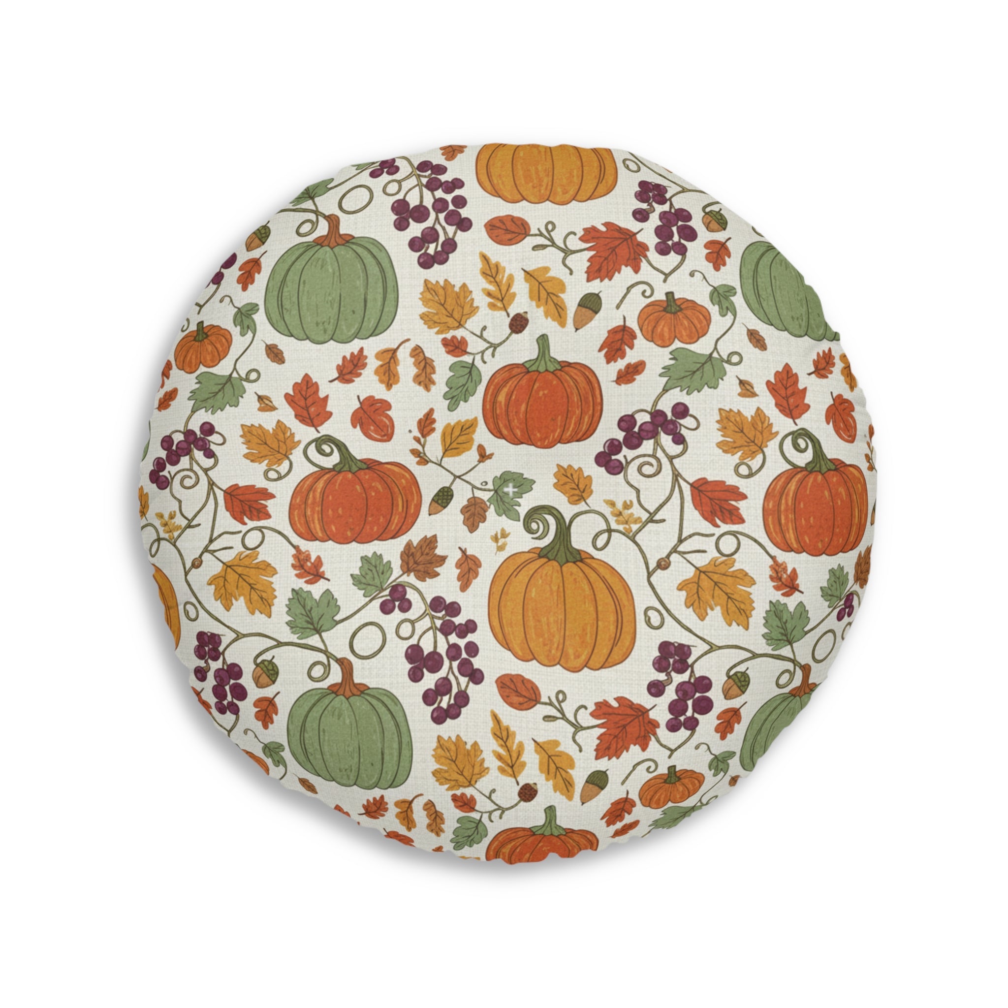 Fall Round Tufted Floor Pillow — Autumn Pumpkin Pattern, Fall Harvest Decorative Cushion