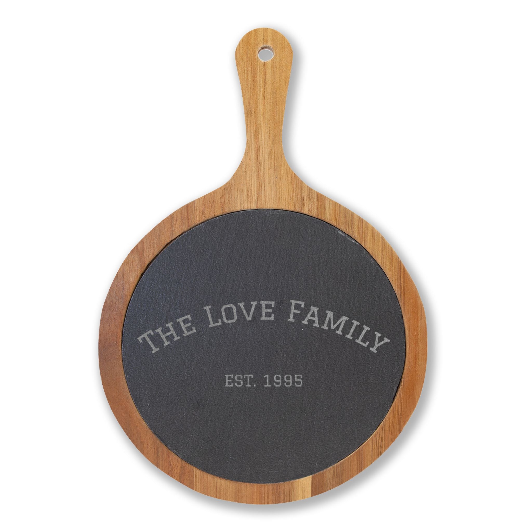 Custom Engraved Acacia Charcuterie Board with Slate Insert & Cheese Tools — Personalized “FAMILY EST. 1985”