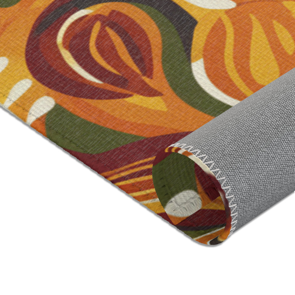 Mid-Century Floral Area Rug – Retro Orange & Green Boho Pattern