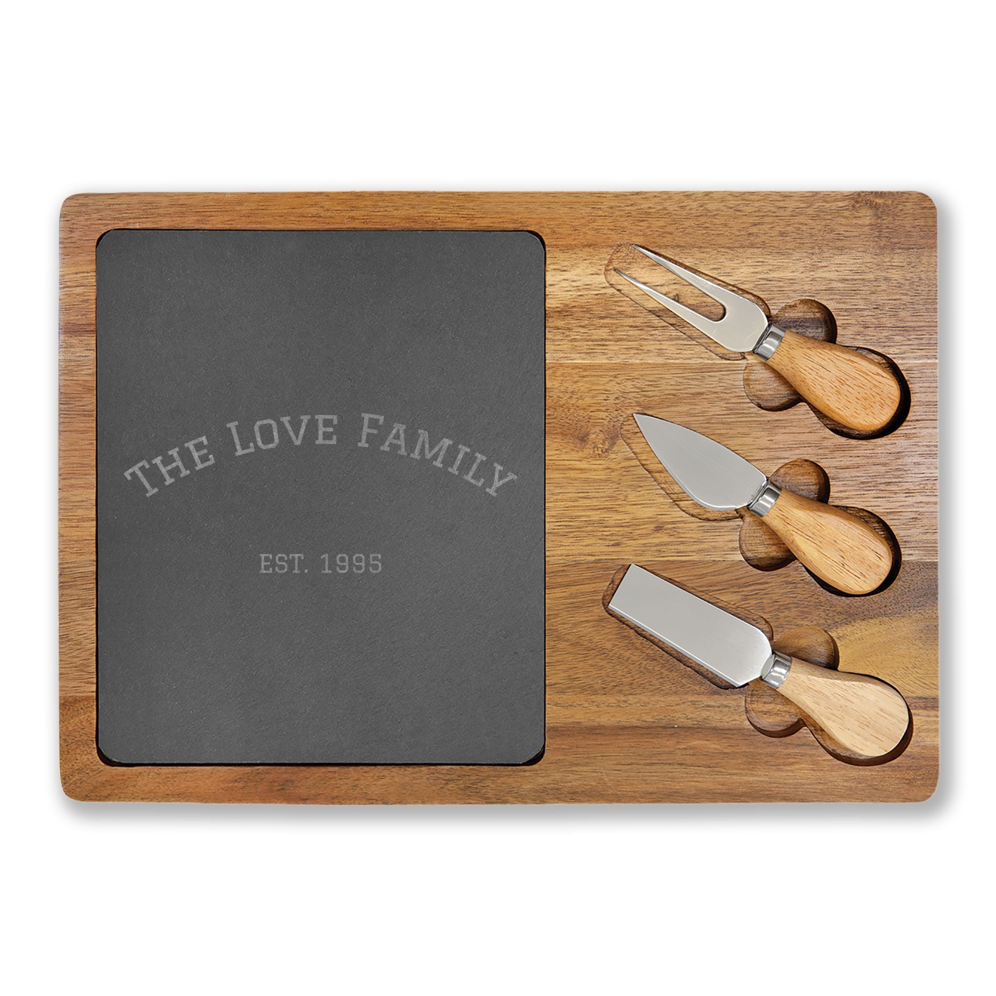 Custom Engraved Acacia Charcuterie Board with Slate Insert & Cheese Tools — Personalized “FAMILY EST. 1985”