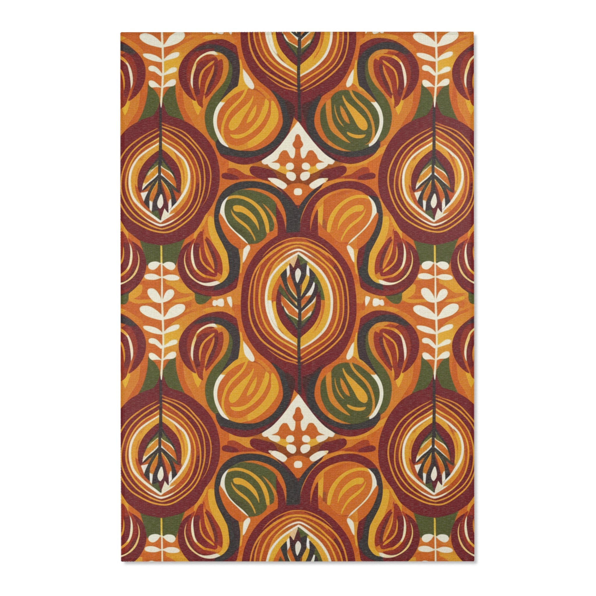 Mid-Century Floral Area Rug – Retro Orange & Green Boho Pattern