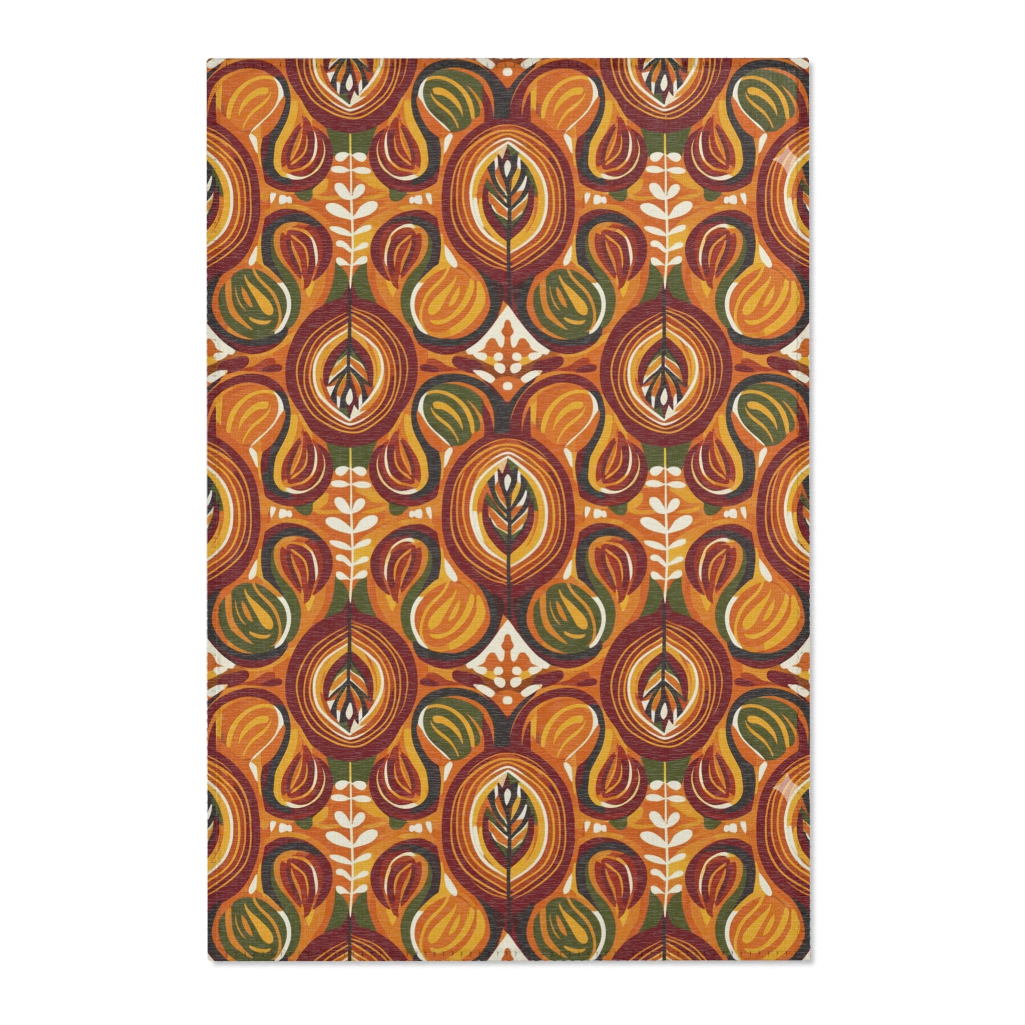 Mid-Century Floral Area Rug – Retro Orange & Green Boho Pattern