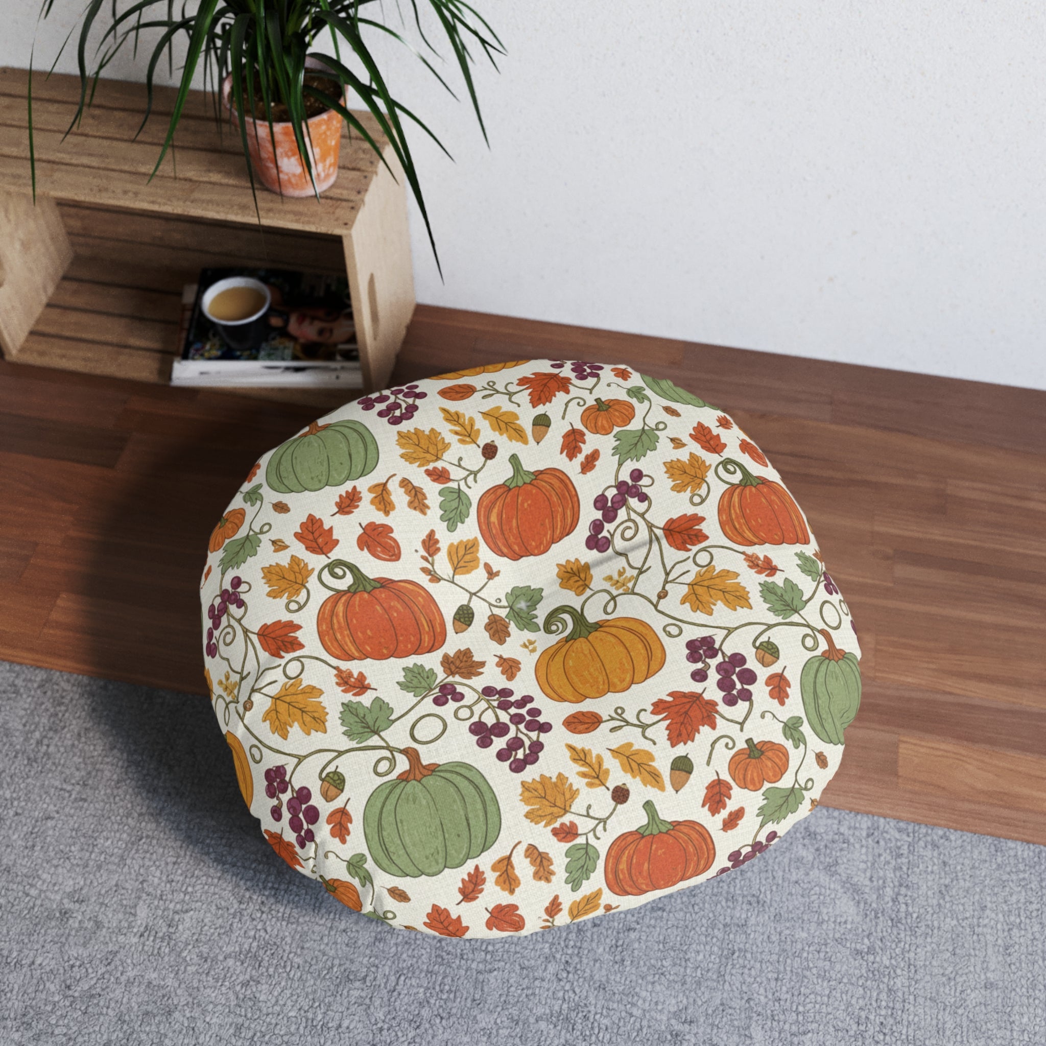 Fall Round Tufted Floor Pillow — Autumn Pumpkin Pattern, Fall Harvest Decorative Cushion