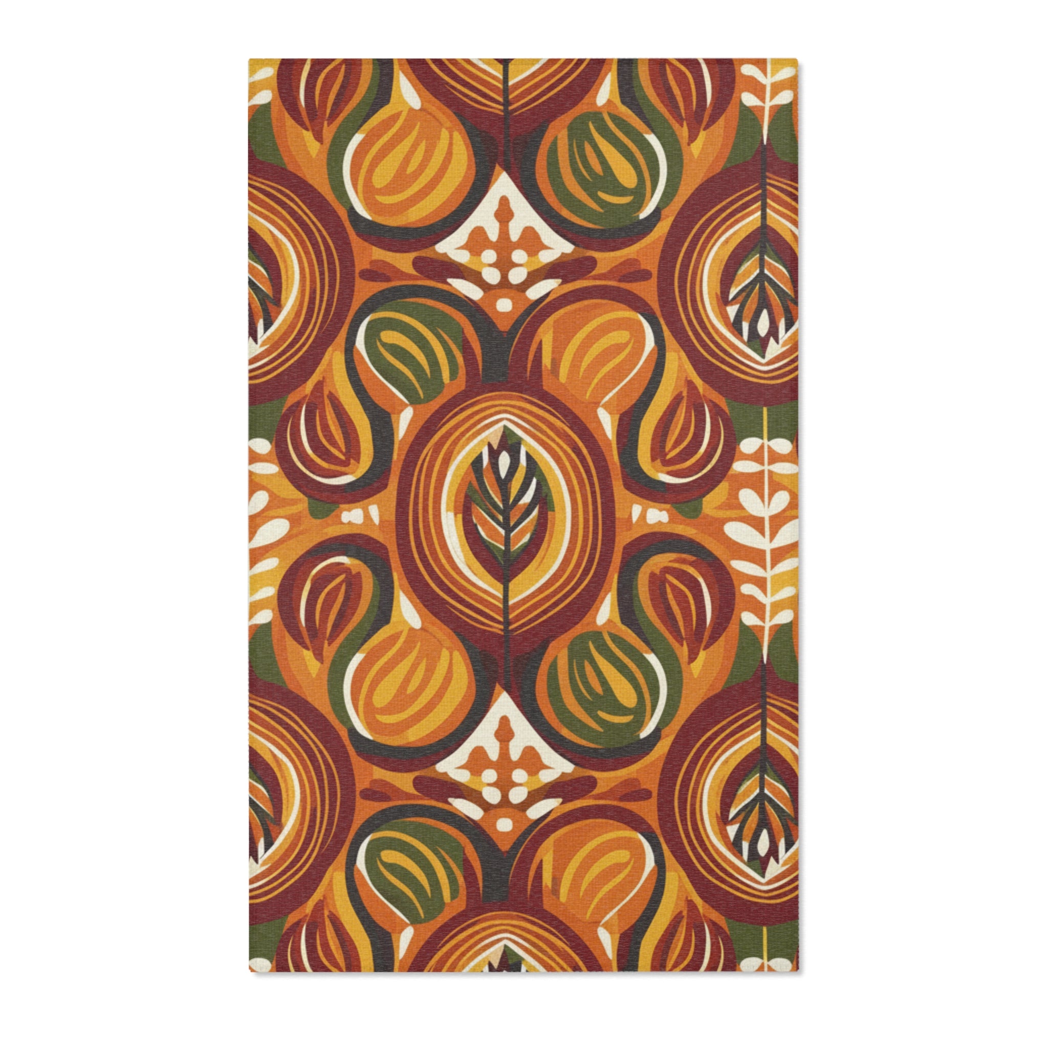 Mid-Century Floral Area Rug – Retro Orange & Green Boho Pattern