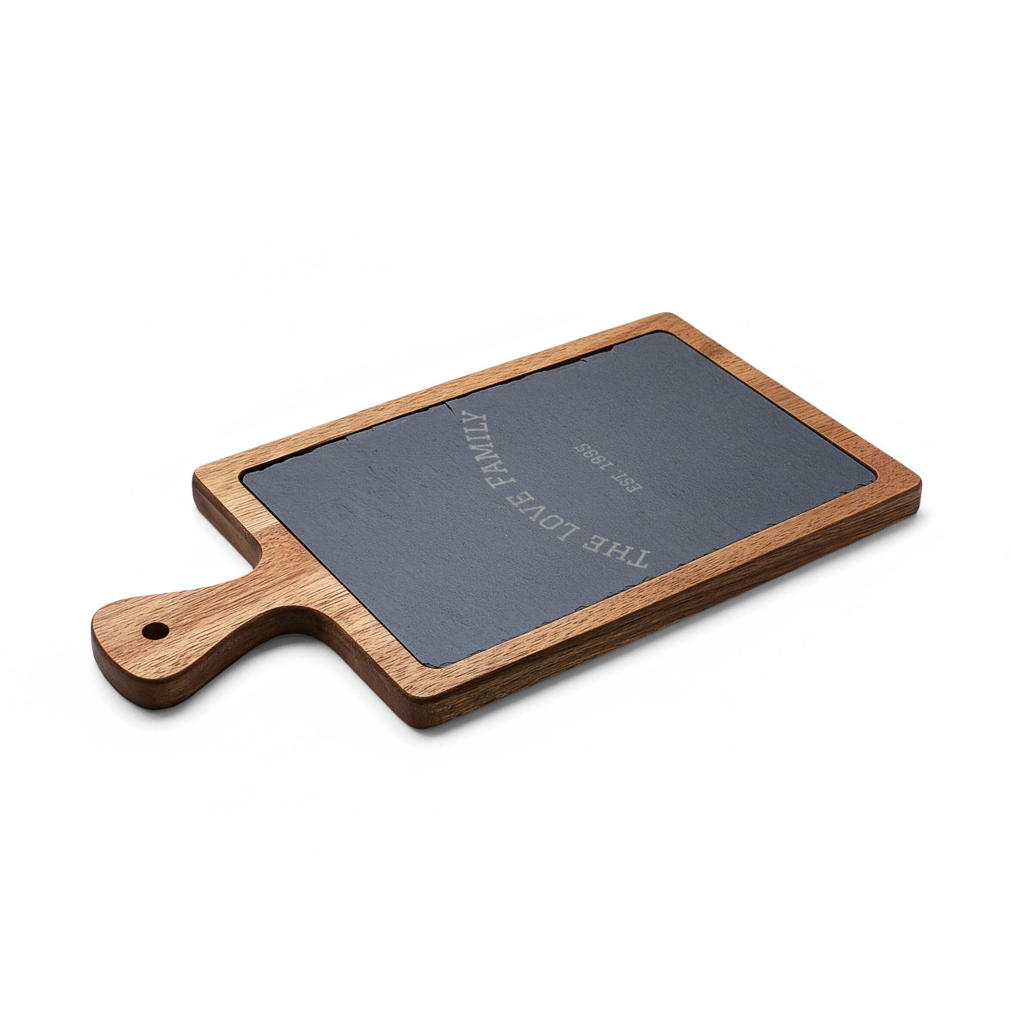 Custom Engraved Acacia Charcuterie Board with Slate Insert & Cheese Tools — Personalized “FAMILY EST. 1985”