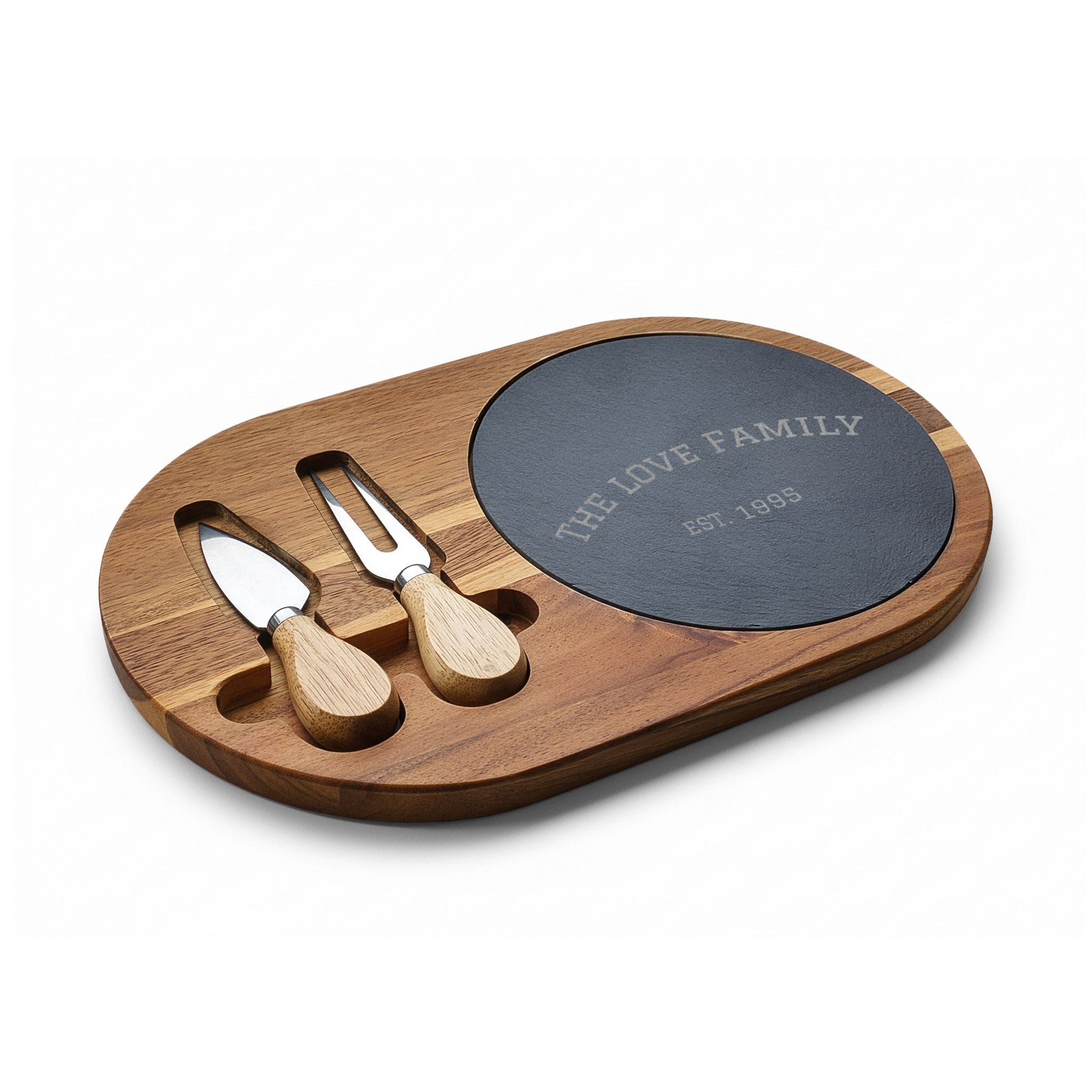 Custom Engraved Acacia Charcuterie Board with Slate Insert & Cheese Tools — Personalized “FAMILY EST. 1985”