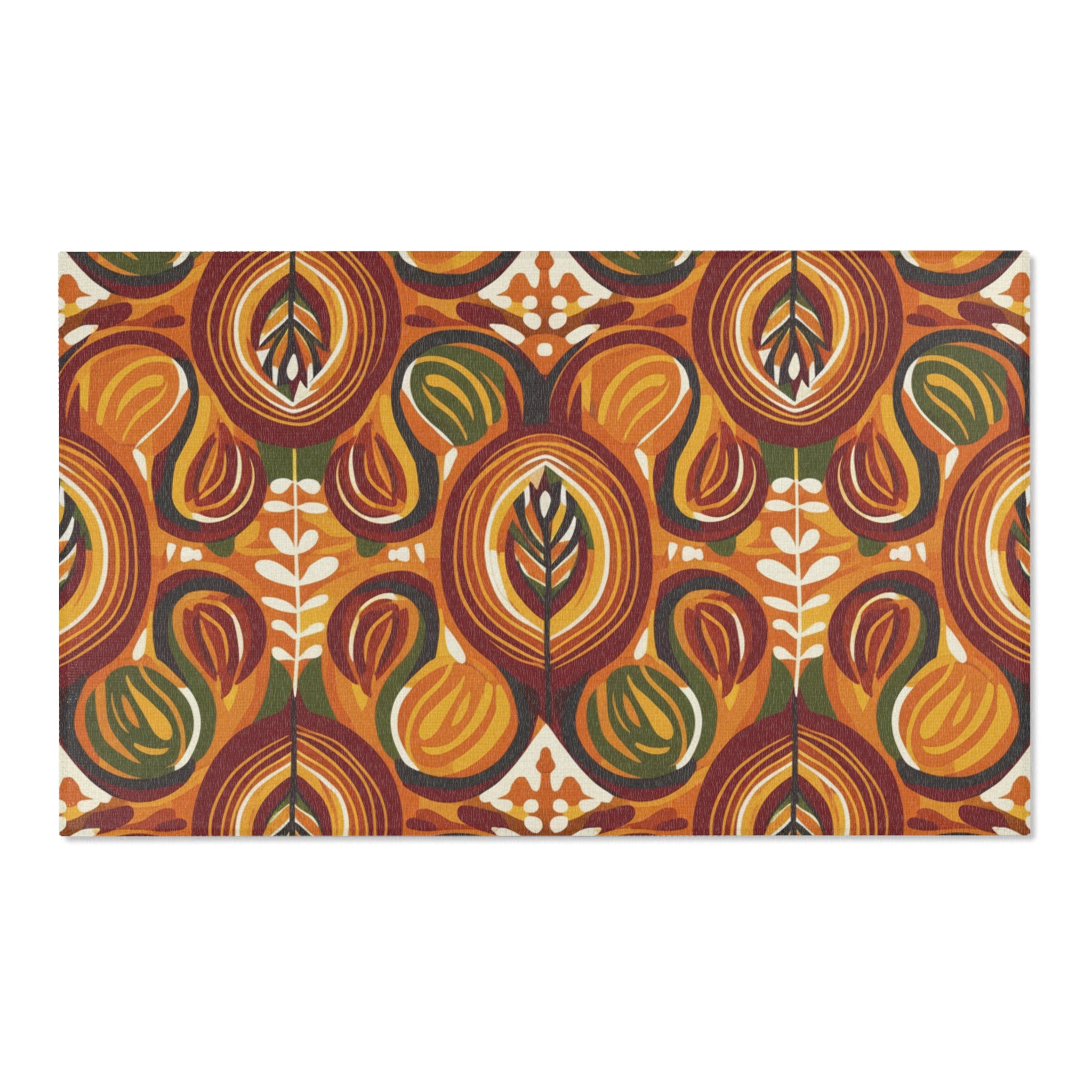 Mid-Century Floral Area Rug – Retro Orange & Green Boho Pattern