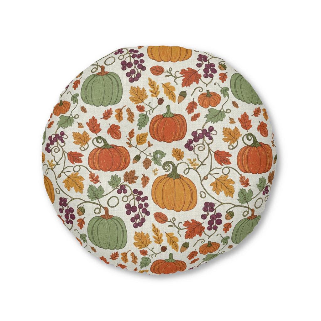 Fall Round Tufted Floor Pillow — Autumn Pumpkin Pattern, Fall Harvest Decorative Cushion