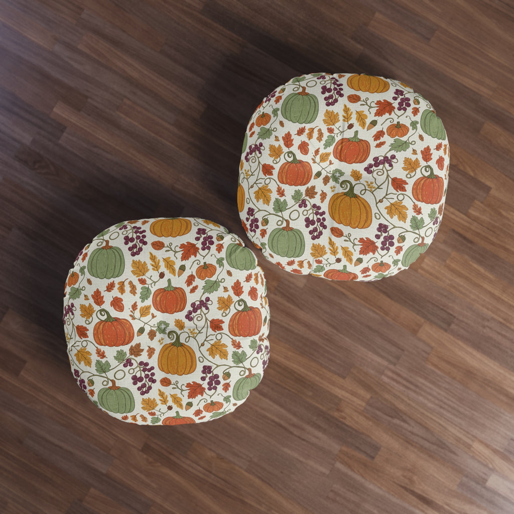 Fall Round Tufted Floor Pillow — Autumn Pumpkin Pattern, Fall Harvest Decorative Cushion