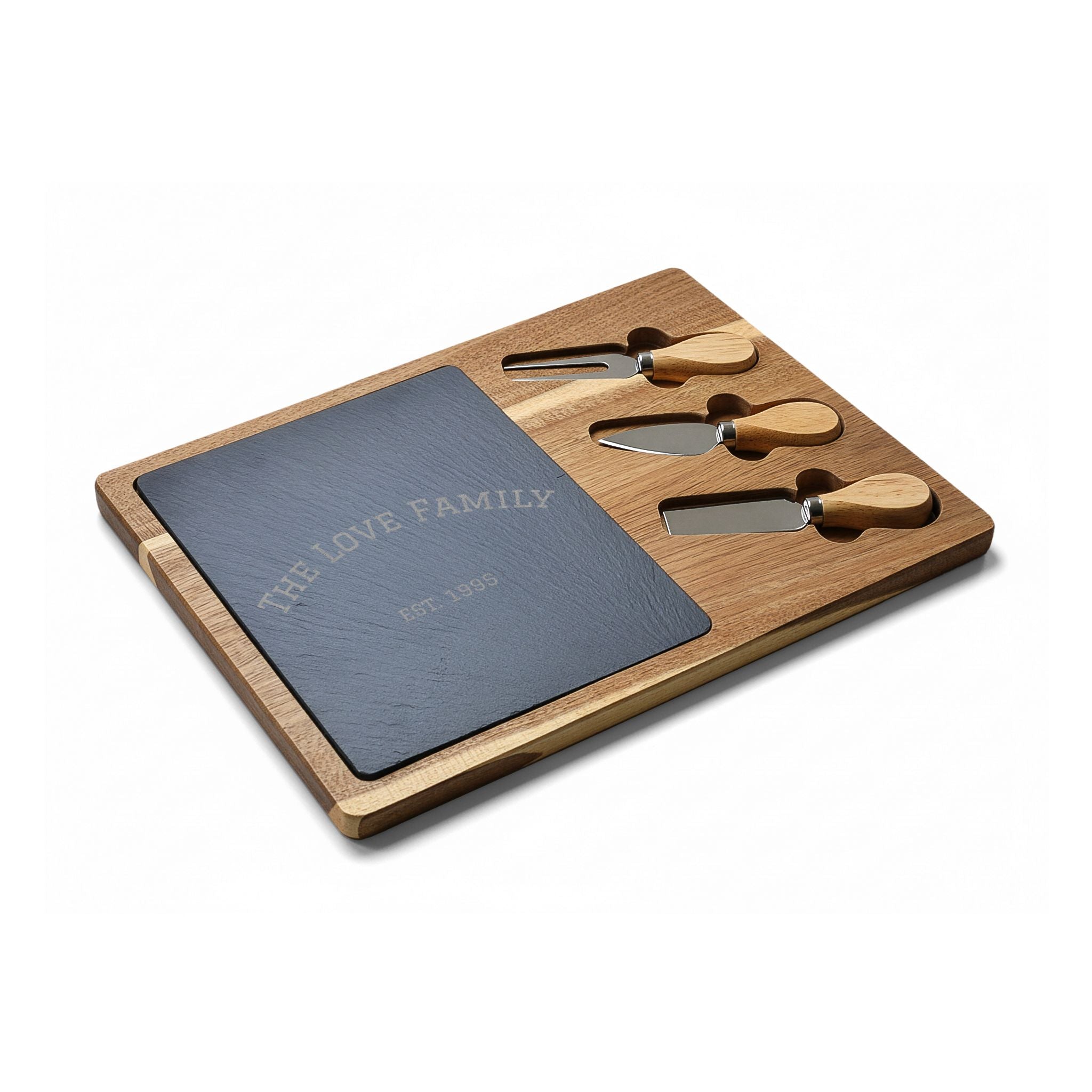 Custom Engraved Acacia Charcuterie Board with Slate Insert & Cheese Tools — Personalized “FAMILY EST. 1985”