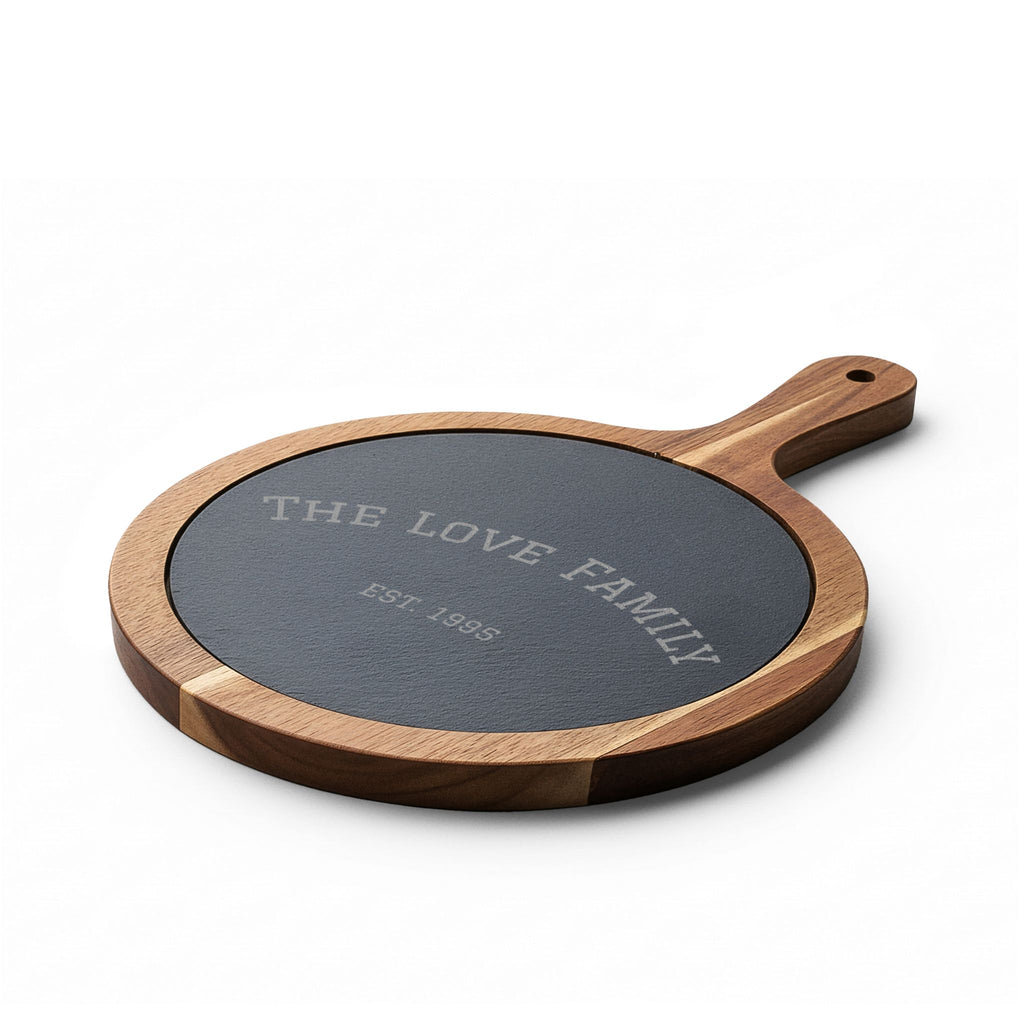 Custom Engraved Acacia Charcuterie Board with Slate Insert & Cheese Tools — Personalized “FAMILY EST. 1985”