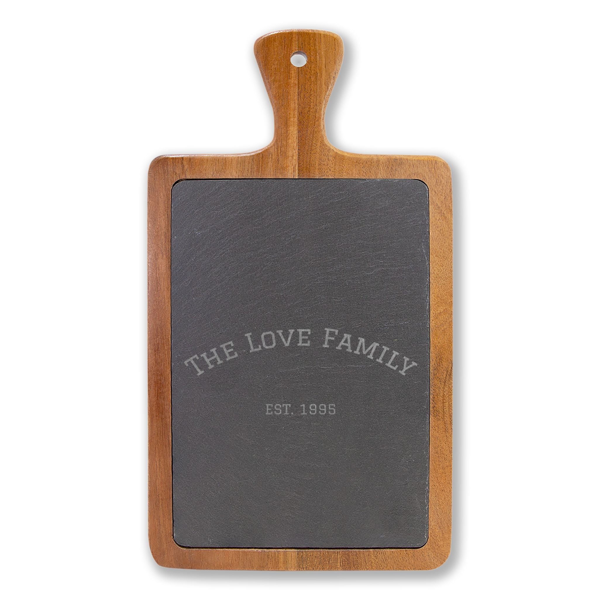 Custom Engraved Acacia Charcuterie Board with Slate Insert & Cheese Tools — Personalized “FAMILY EST. 1985”
