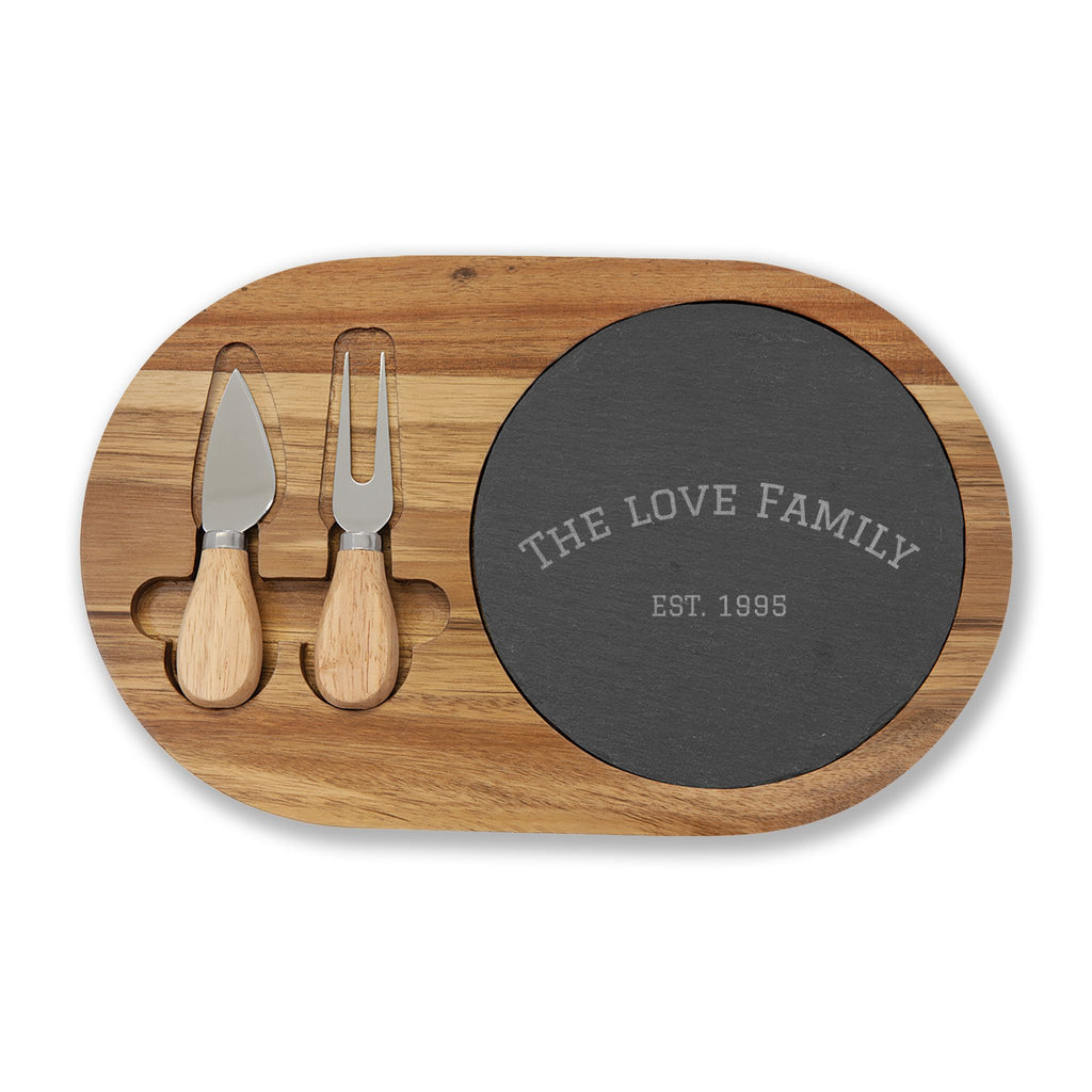 Custom Engraved Acacia Charcuterie Board with Slate Insert & Cheese Tools — Personalized “FAMILY EST. 1985”