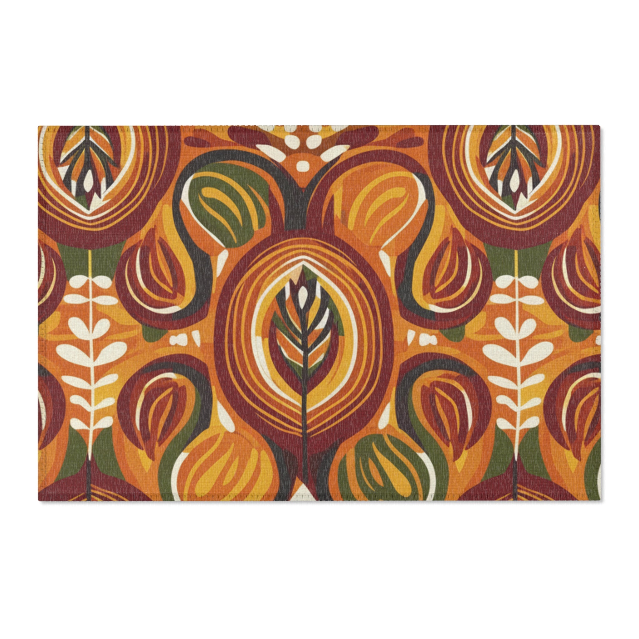 Mid-Century Floral Area Rug – Retro Orange & Green Boho Pattern